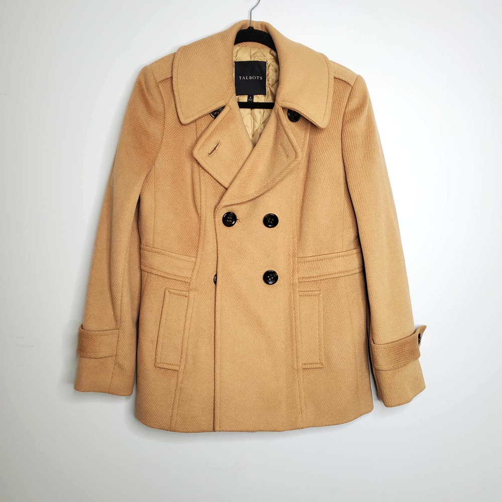 TALBOTS Tan Brown Wool Blend Double Breasted Long Sleeve Coat Jacket Sz 8